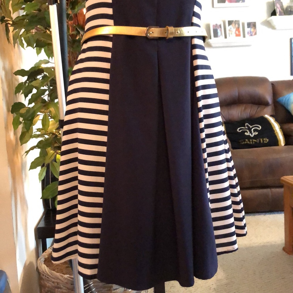 Navy & White Striped Dress with a Gold Belt - Picture 3 of 10